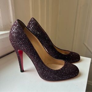 Christian Louboutin, Burgundy Glitter Round-Toe Pumps, Size 38